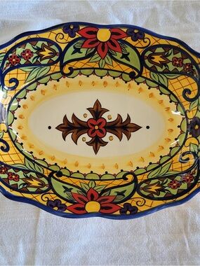 Hand-Painted Floral Ceramic Serving Platter - Yellow Multicolor